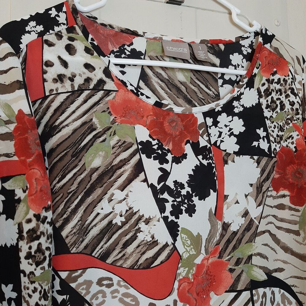 Chicos Women Asymmetrical Blouse Size 1 Multicolor Floral Roll Tab Sleeve - Picture 6 of 11